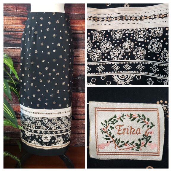 Erika Vintage Maxi Wrap Skirt Size 14 Black Cream Geometric Print Button - Picture 1 of 11